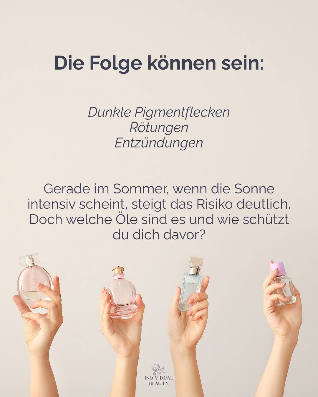 ☀️✨ Achtung Parfum-Fans!
Manche Duftstoffe können deine Haut lichtempfindlicher machen und so Pigmentflecken fördern.
Ein oft übersehener Grund, warum Flecken trotz guter Pflege entstehen.
In unserem neuen Carousel erfährst du:
💡 Welche Duftstoffe du kennen solltest
💡 Worauf du bei Parfüms achten musst
💡 Wie du deine Haut ganz einfach schützt
Weil schöne Haut kein Zufall ist – sondern das Ergebnis von Wissen + der richtigen Pflege. 💖
#individualbeautywien #pigmentflecken #sonnenschutz #skincaretipps #medicalbeauty #duftwissen #photosensitivität #parfumliebe #summerglow #hautpflegewien #glowfromwithin #ästhetikwien #spfistamust #realbeautyfacts