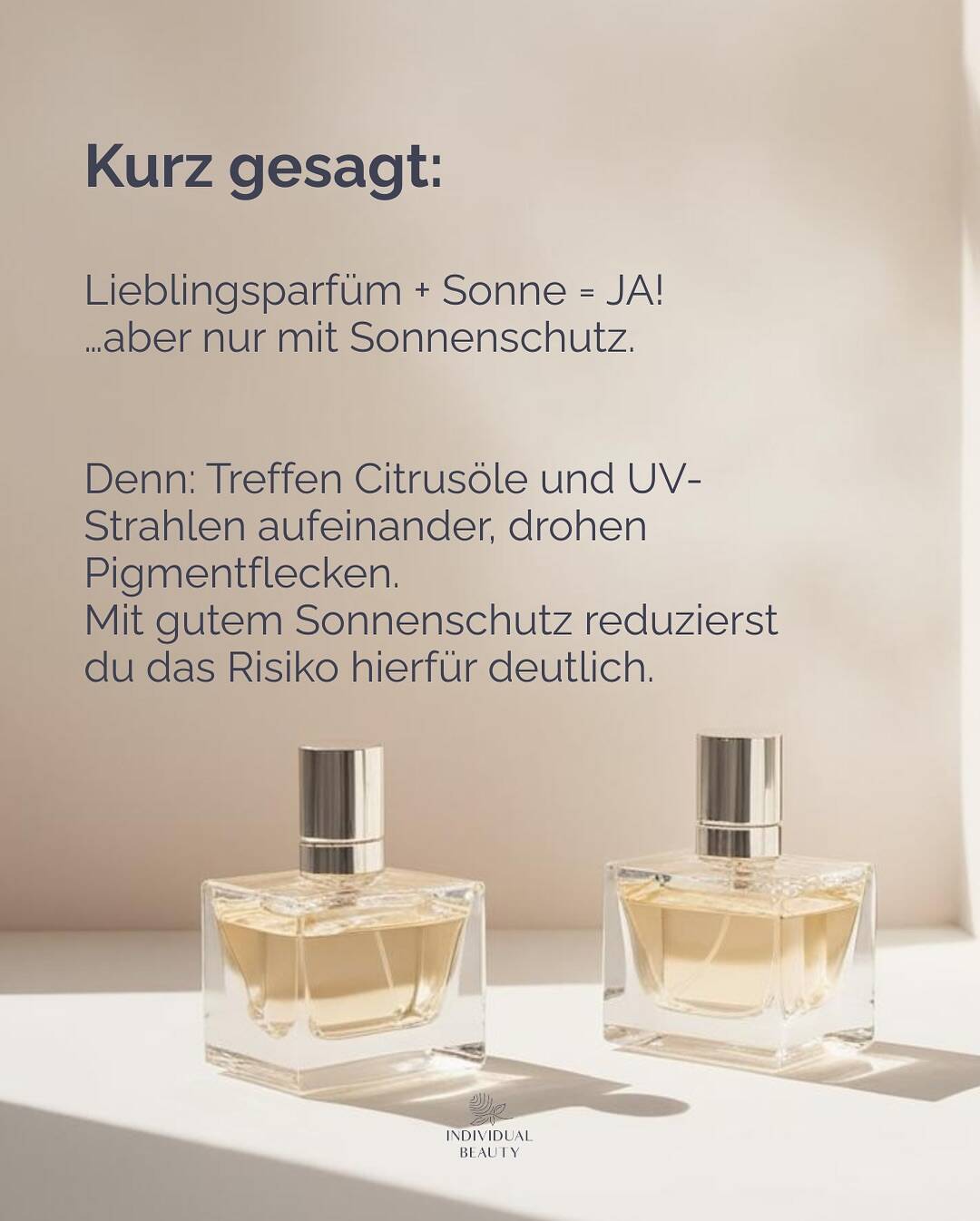 ☀️✨ Achtung Parfum-Fans!
Manche Duftstoffe können deine Haut lichtempfindlicher machen und so Pigmentflecken fördern.
Ein oft übersehener Grund, warum Flecken trotz guter Pflege entstehen.
In unserem neuen Carousel erfährst du:
💡 Welche Duftstoffe du kennen solltest
💡 Worauf du bei Parfüms achten musst
💡 Wie du deine Haut ganz einfach schützt
Weil schöne Haut kein Zufall ist – sondern das Ergebnis von Wissen + der richtigen Pflege. 💖
#individualbeautywien #pigmentflecken #sonnenschutz #skincaretipps #medicalbeauty #duftwissen #photosensitivität #parfumliebe #summerglow #hautpflegewien #glowfromwithin #ästhetikwien #spfistamust #realbeautyfacts