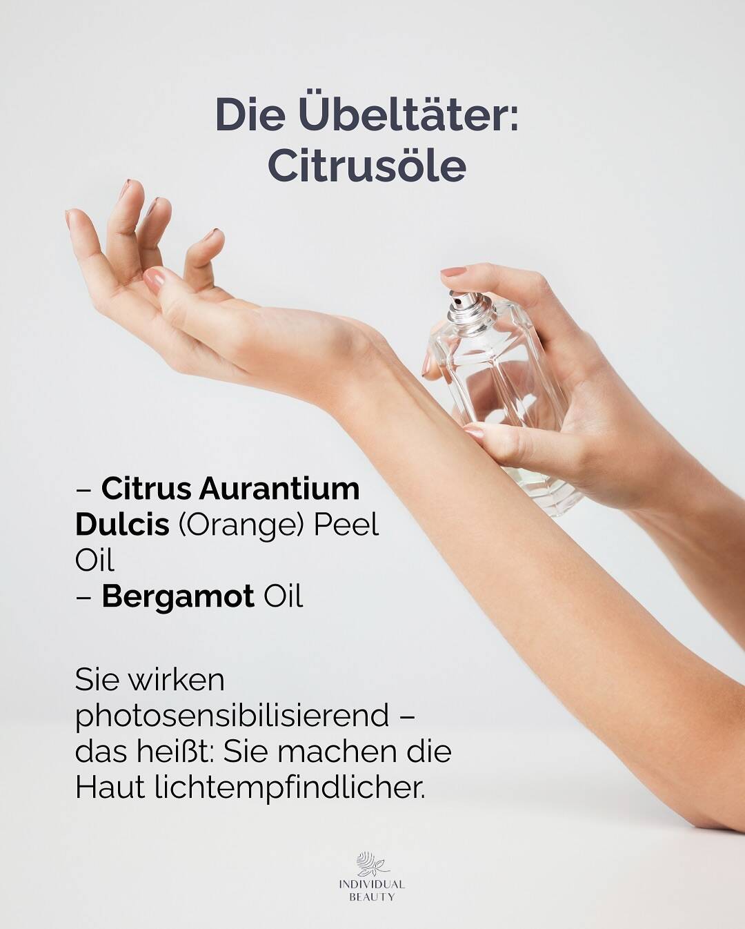 ☀️✨ Achtung Parfum-Fans!
Manche Duftstoffe können deine Haut lichtempfindlicher machen und so Pigmentflecken fördern.
Ein oft übersehener Grund, warum Flecken trotz guter Pflege entstehen.
In unserem neuen Carousel erfährst du:
💡 Welche Duftstoffe du kennen solltest
💡 Worauf du bei Parfüms achten musst
💡 Wie du deine Haut ganz einfach schützt
Weil schöne Haut kein Zufall ist – sondern das Ergebnis von Wissen + der richtigen Pflege. 💖
#individualbeautywien #pigmentflecken #sonnenschutz #skincaretipps #medicalbeauty #duftwissen #photosensitivität #parfumliebe #summerglow #hautpflegewien #glowfromwithin #ästhetikwien #spfistamust #realbeautyfacts