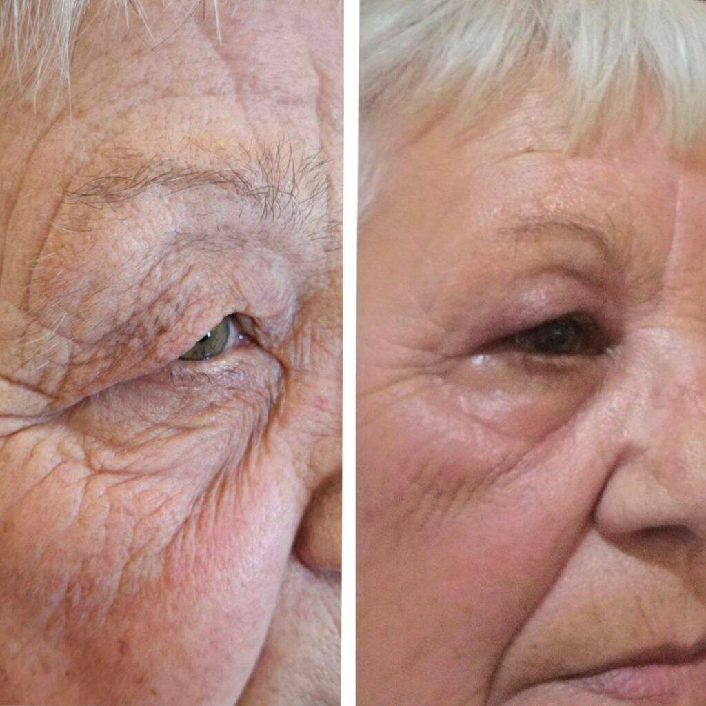 a close up of an old woman's face