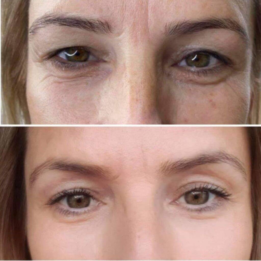 a close up of a woman's eyes