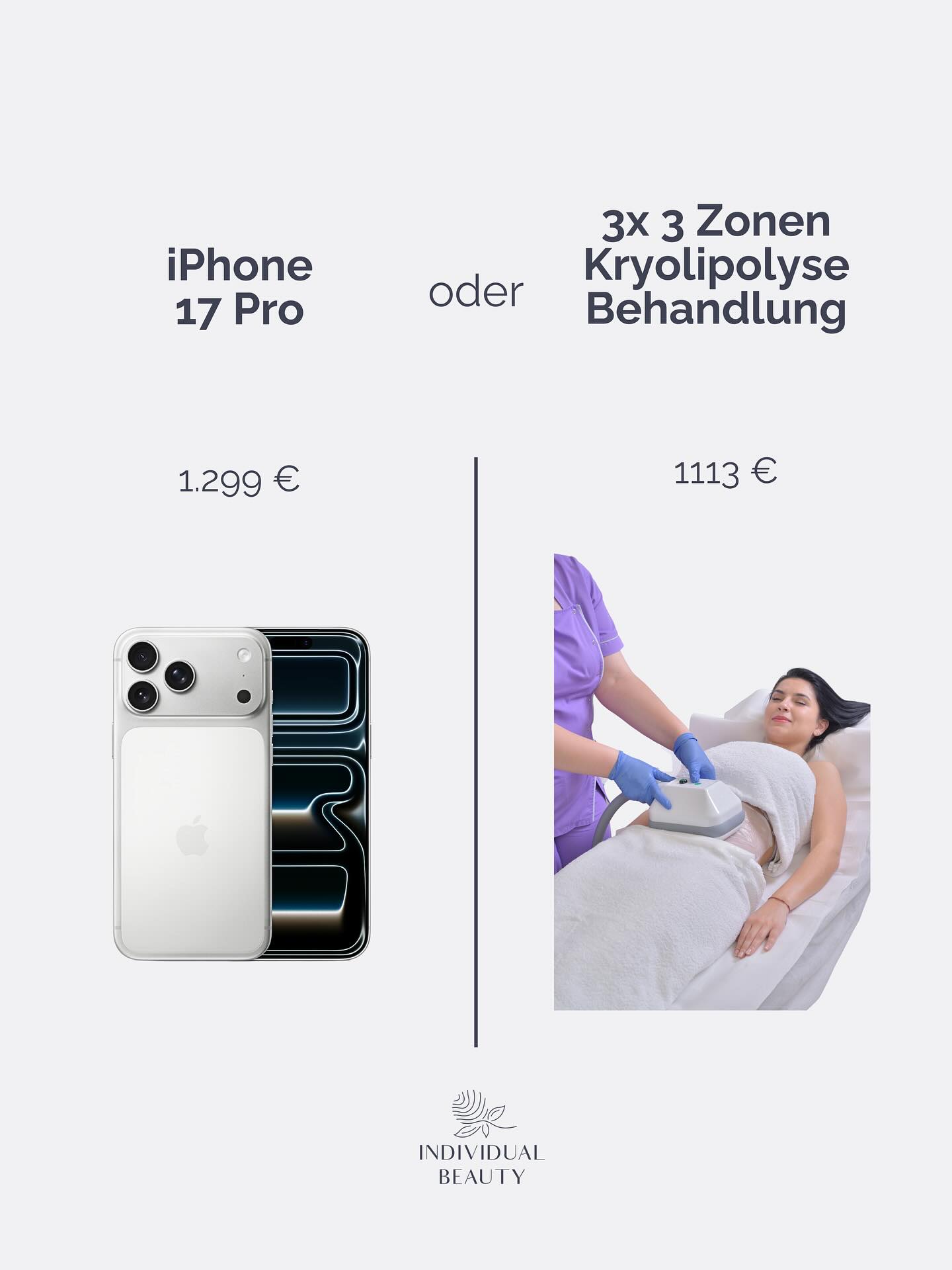 The new iPhone 17 is here!
But let’s be honest: What brings more confidence?
A new phone OR a new look?
Your choice – we just make sure you invest wisely!
Individual Beauty Cosmetics Studio
Neuwaldegger Straße 2,
1170 Wien, Austria
Tel: +43 664 253 3977
#individualbeauty #wohlbefinden #selfcare #selbstliebe #beautyvienna #gesundehaut #körperpflege #balancefinden #aestheticsvienna #selbstvertrauen #selfinvestment #viennabeauty #beautyaustria #skincarevienna #bewusstleben